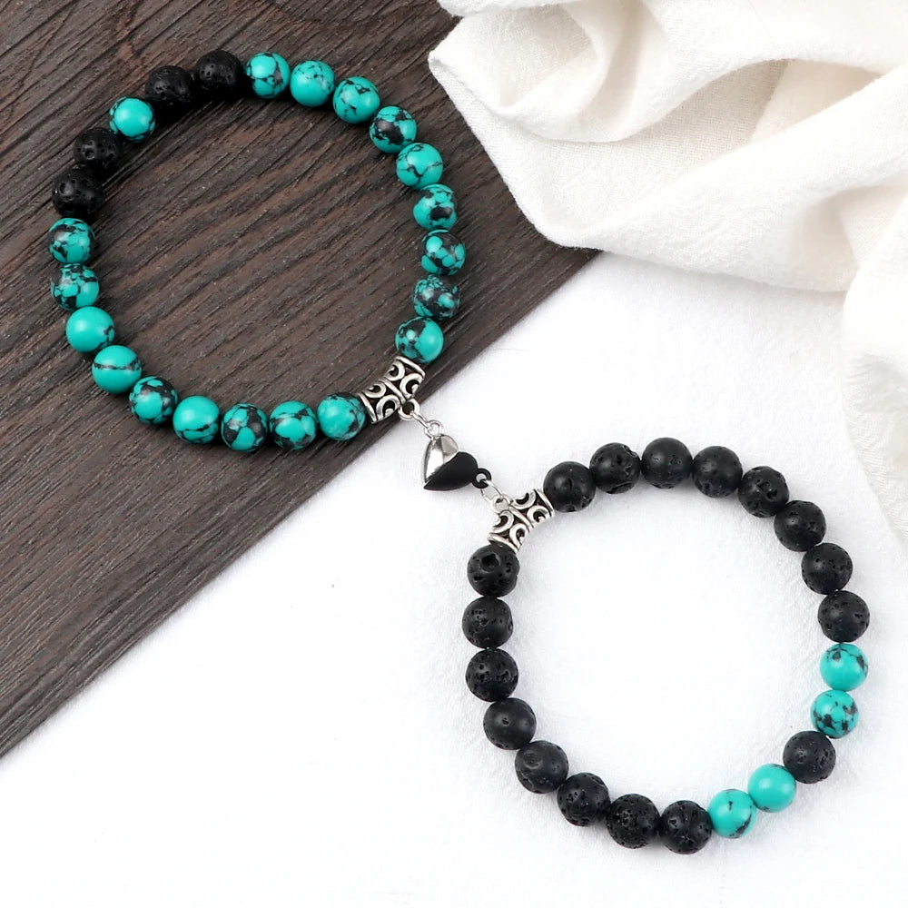 Hot Couple Yin Yang Bracelet Set Men 8mm Natural Stone Heart shape Magnet Love Braclet for Women Friendship Fashion Jewelry Gift