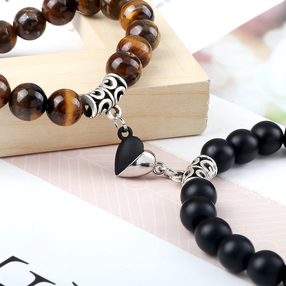 Hot Couple Yin Yang Bracelet Set Men 8mm Natural Stone Heart shape Magnet Love Braclet for Women Friendship Fashion Jewelry Gift