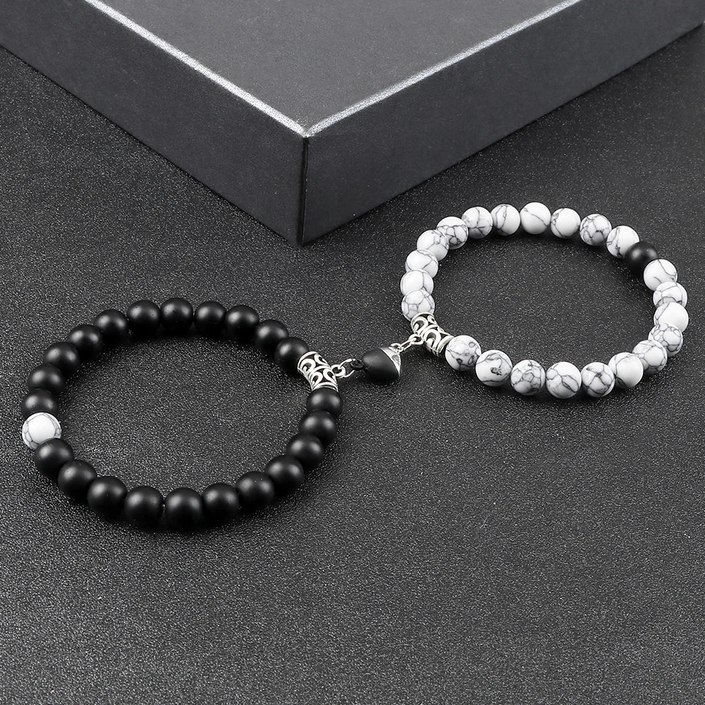 Hot Couple Yin Yang Bracelet Set Men 8mm Natural Stone Heart shape Magnet Love Braclet for Women Friendship Fashion Jewelry Gift