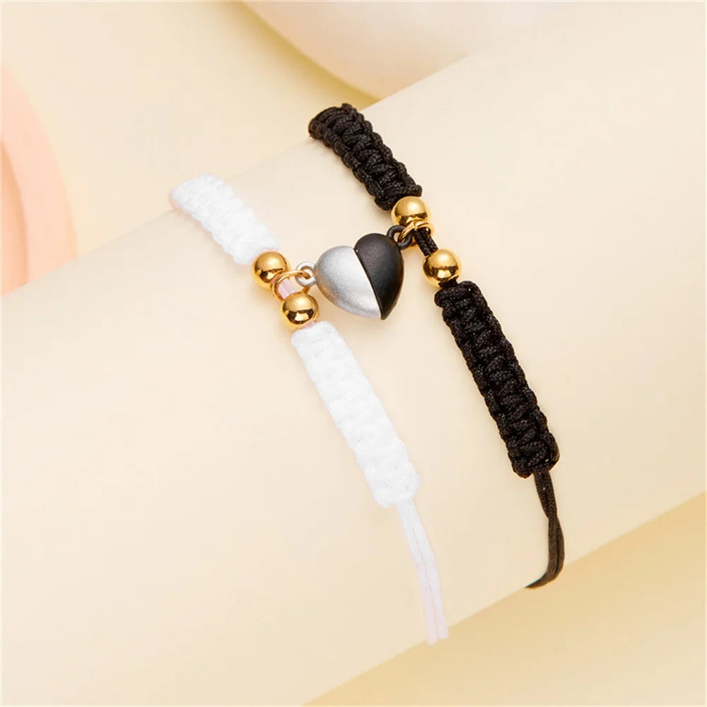 2pcs Hand-Woven Couple Bracelet Magnetic Heart Shape Braid Rope Bracelet Men'S and Women'S Gift for Anniversary Wrist Chain