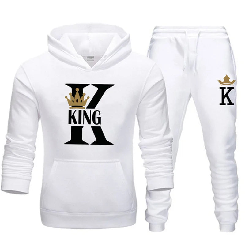 2025 New Autumn and Winter Men's and Women's Sweater Set KING QUEEN Loose Relaxed Hooded Print Couple Set