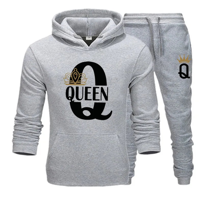 2025 New Autumn and Winter Men's and Women's Sweater Set KING QUEEN Loose Relaxed Hooded Print Couple Set