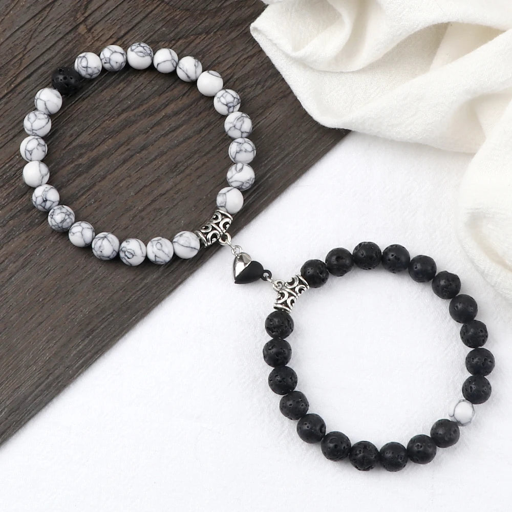 Hot Couple Yin Yang Bracelet Set Men 8mm Natural Stone Heart shape Magnet Love Braclet for Women Friendship Fashion Jewelry Gift