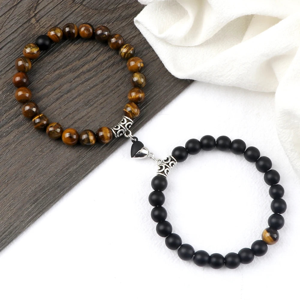 Hot Couple Yin Yang Bracelet Set Men 8mm Natural Stone Heart shape Magnet Love Braclet for Women Friendship Fashion Jewelry Gift