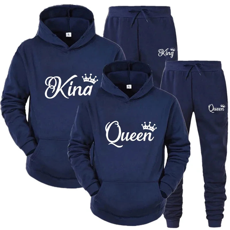 Fashion KING and QUEEN Printed Hooded Suits Autumn Winter Couple Hoodie + Pants 2-piece Suit