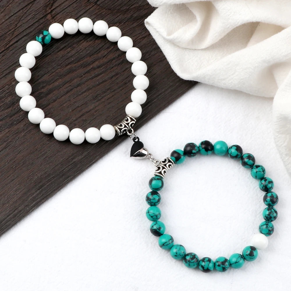 Hot Couple Yin Yang Bracelet Set Men 8mm Natural Stone Heart shape Magnet Love Braclet for Women Friendship Fashion Jewelry Gift