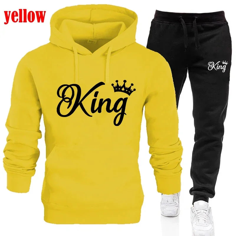Fashion KING and QUEEN Printed Hooded Suits Autumn Winter Couple Hoodie + Pants 2-piece Suit
