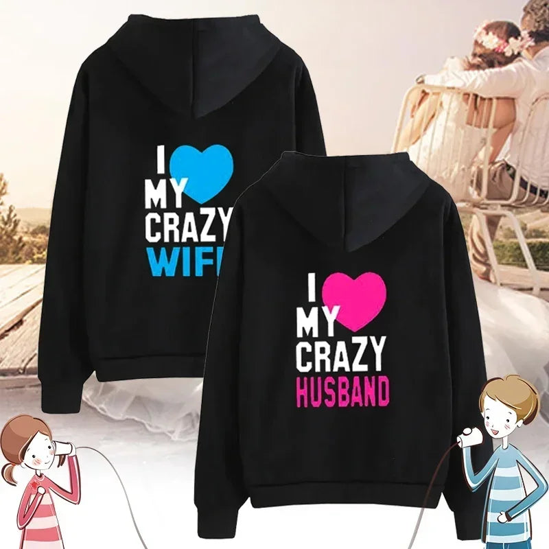Women Men Lovers Sweatshirt Lovers Couples I LOVE MY CRAZY HUSBAND I LOVE MY CRAZY WIFE Couple Hoodies Chritsmas