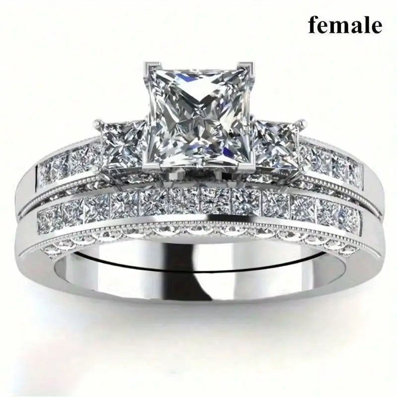 Fashion Silver Color Couple Rings for Lover's Trendy Stainless Steel Men Rings Cute Women Rhinestones Zircon Rings Set