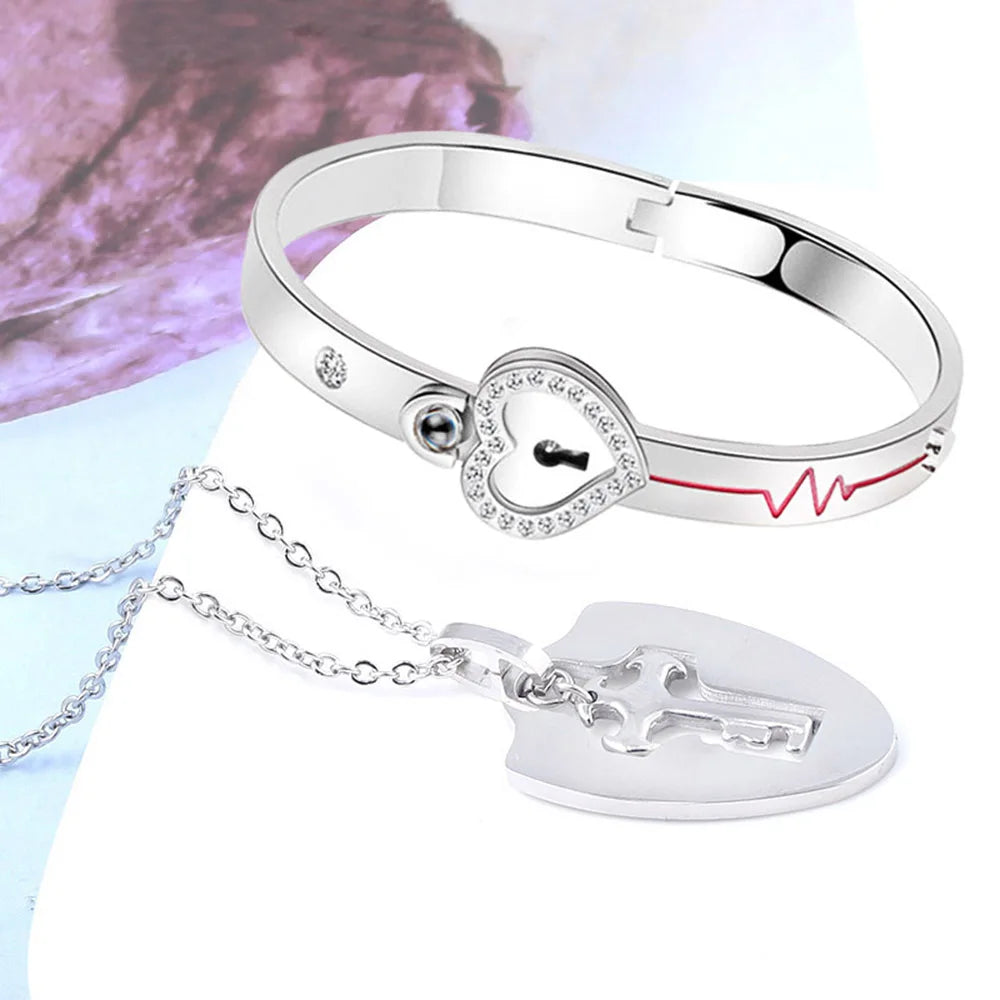 Stainless Steel Couple Bracelet Love Heart Lock Bracelets Bangle Key Pendant Necklace For Women Men Valentine's Day Jewelry Gift