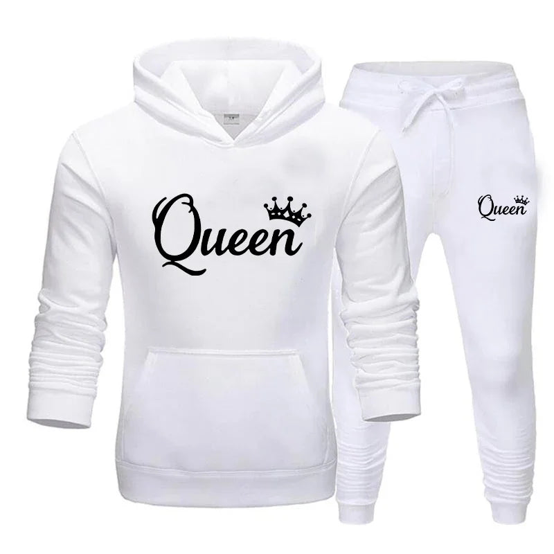 Fashion KING and QUEEN Printed Hooded Suits Autumn Winter Couple Hoodie + Pants 2-piece Suit