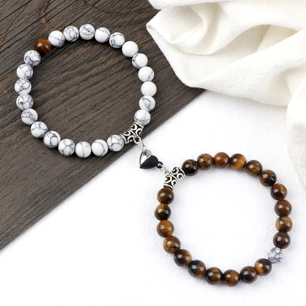 Hot Couple Yin Yang Bracelet Set Men 8mm Natural Stone Heart shape Magnet Love Braclet for Women Friendship Fashion Jewelry Gift