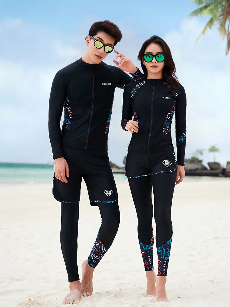 Women Men's 3-5 Piece Rash Guard with Boy Shorts Long Sleeve Zipper Swimsuit  Bathing Suit Wetsuit Beachwear Tankini Tracksuit