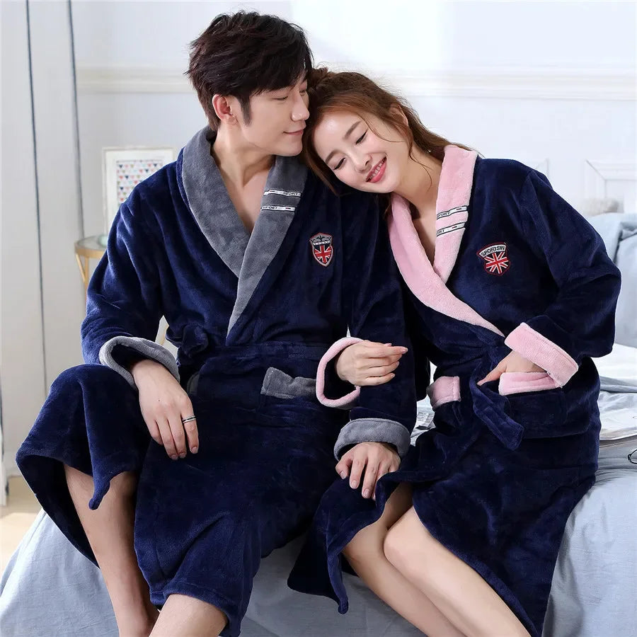 Winter Thick Couple Robe Coral Fleece Sleepwear Plush Warm Flannel Kimono Bathrobe Gown with Pocket Men Homewear Lounge Wear
