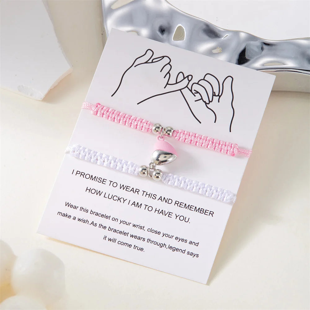 2pcs Hand-Woven Couple Bracelet Magnetic Heart Shape Braid Rope Bracelet Men'S and Women'S Gift for Anniversary Wrist Chain