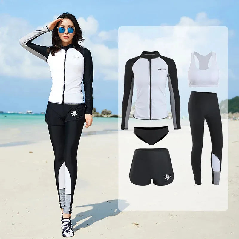 Women Men's 3-5 Piece Rash Guard with Boy Shorts Long Sleeve Zipper Swimsuit  Bathing Suit Wetsuit Beachwear Tankini Tracksuit