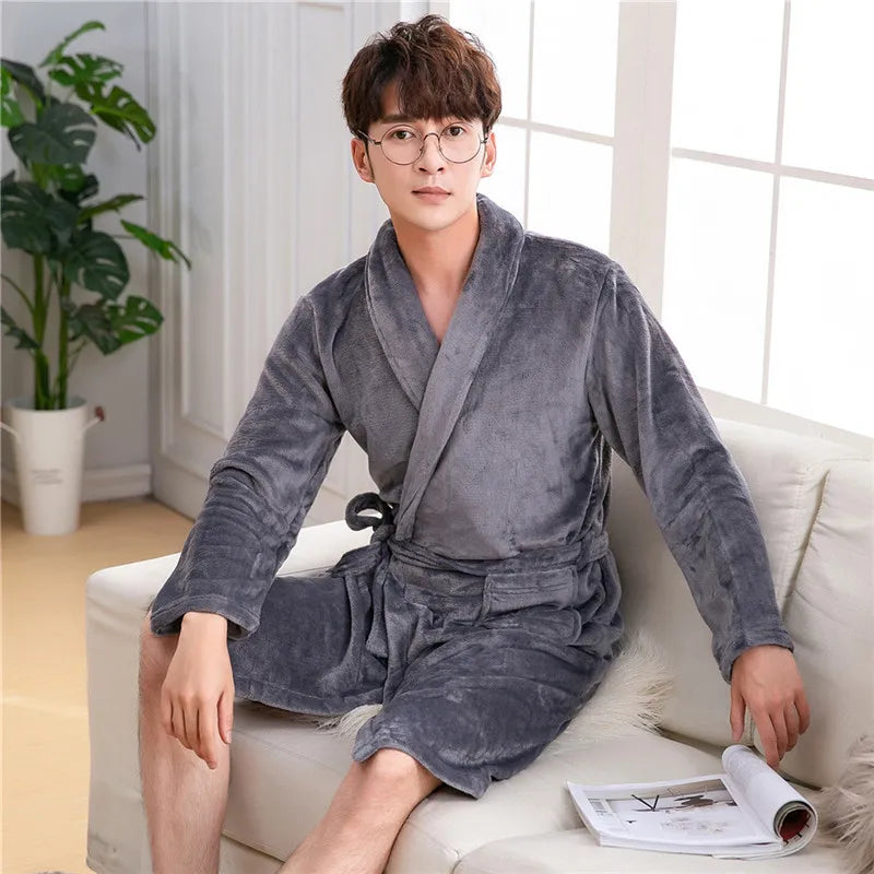 Winter Thick Couple Robe Coral Fleece Sleepwear Plush Warm Flannel Kimono Bathrobe Gown with Pocket Men Homewear Lounge Wear