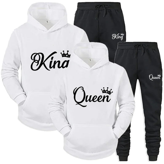 Fashion KING and QUEEN Printed Hooded Suits Autumn Winter Couple Hoodie + Pants 2-piece Suit