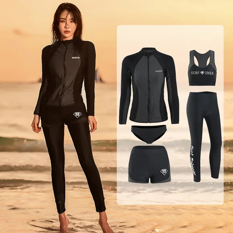 Women Men's 3-5 Piece Rash Guard with Boy Shorts Long Sleeve Zipper Swimsuit  Bathing Suit Wetsuit Beachwear Tankini Tracksuit
