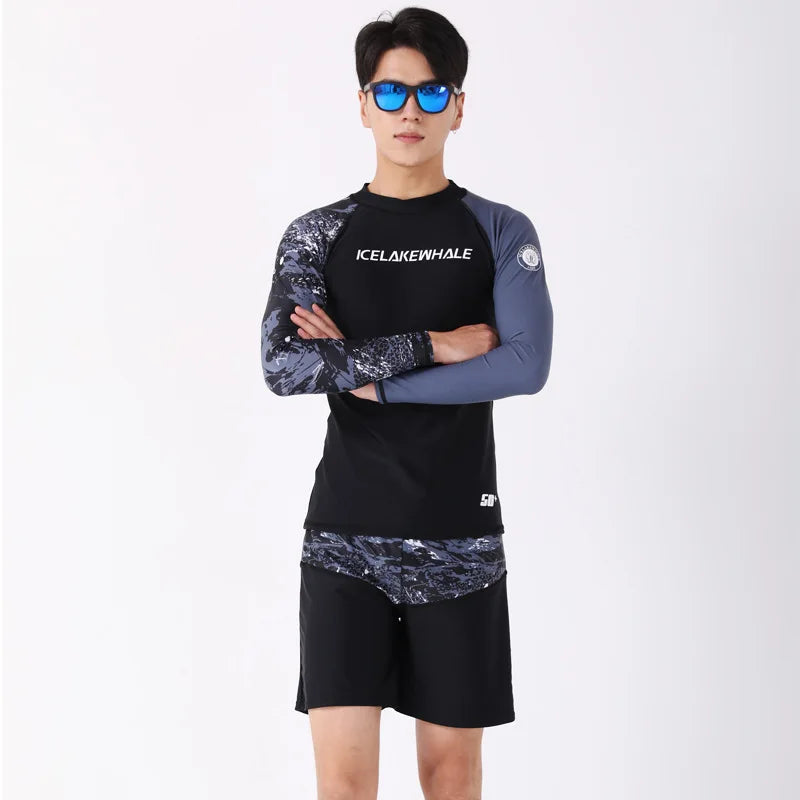2pcs/set Long Sleeve Sun UV Protection Performance Fit Compression Men's Rash Guard Shirts Swim Workout Clothes Swimsuit