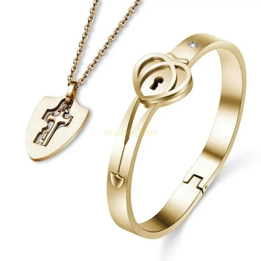 31BF Romantic Gift for Valentines Day Lock Bracelet and for Key Necklace Set for Coup