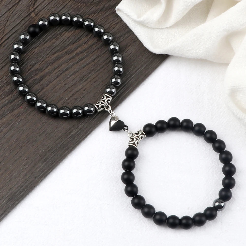 Hot Couple Yin Yang Bracelet Set Men 8mm Natural Stone Heart shape Magnet Love Braclet for Women Friendship Fashion Jewelry Gift