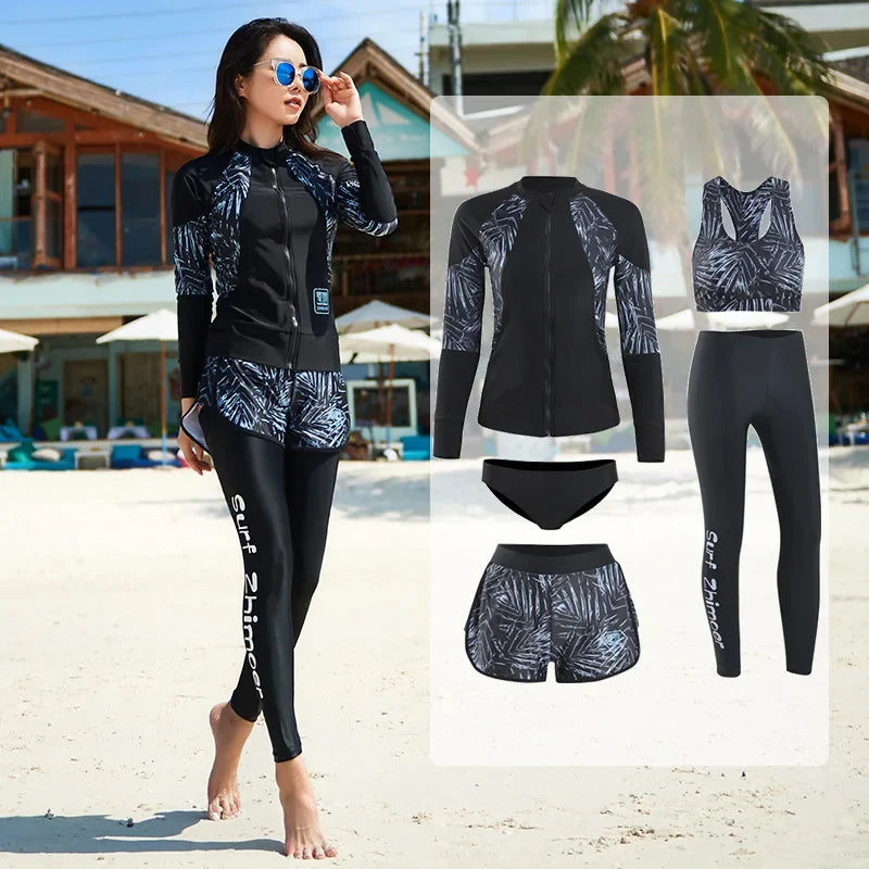Women Men's 3-5 Piece Rash Guard with Boy Shorts Long Sleeve Zipper Swimsuit  Bathing Suit Wetsuit Beachwear Tankini Tracksuit