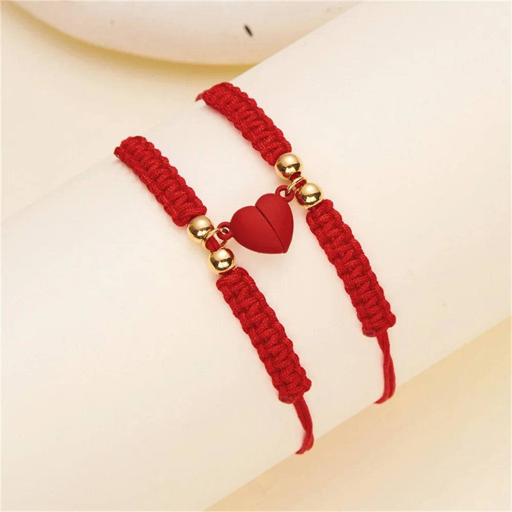 2pcs Hand-Woven Couple Bracelet Magnetic Heart Shape Braid Rope Bracelet Men'S and Women'S Gift for Anniversary Wrist Chain