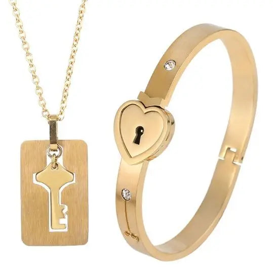 Stainless Steel Couple Bracelet Love Heart Lock Bracelets Bangle Key Pendant Necklace For Women Men Valentine's Day Jewelry Gift