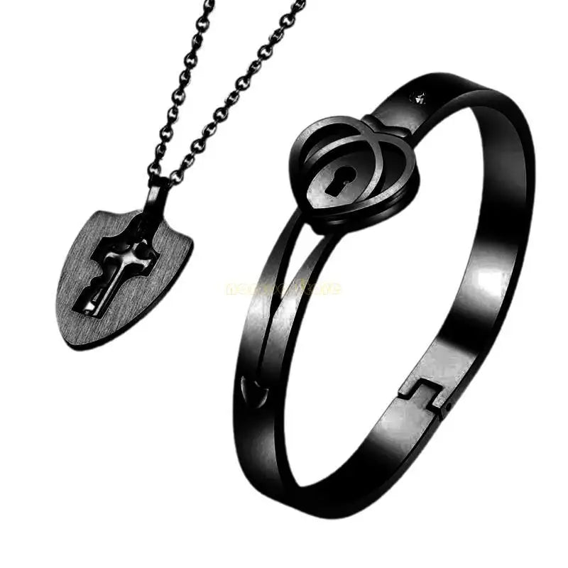 31BF Romantic Gift for Valentines Day Lock Bracelet and for Key Necklace Set for Coup