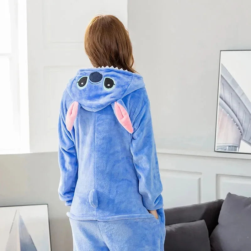 Stitch Anime Cosplay Costumes Women Men Cartoon Jumpsuit Adults Cute Flannel Hooded Pajamas Onesie For Halloween Christmas Party