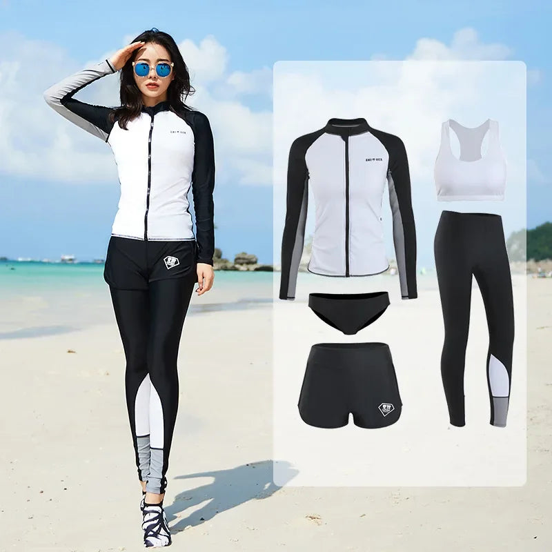 Women Men's 3-5 Piece Rash Guard with Boy Shorts Long Sleeve Zipper Swimsuit  Bathing Suit Wetsuit Beachwear Tankini Tracksuit