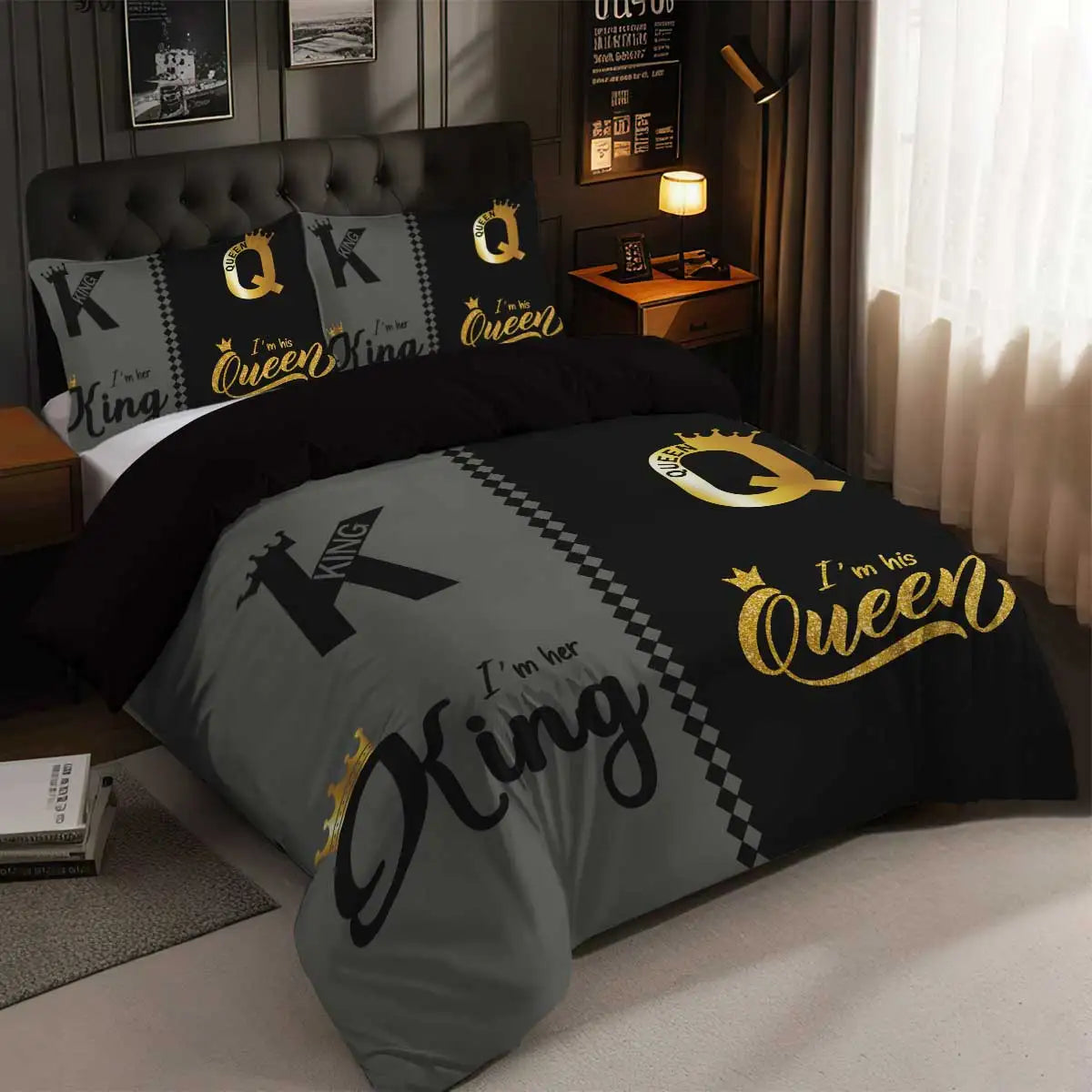 3pcs fashionable black gray K and Q design printed bedding set, soft, comfortable and breathable duvet cover, bedroom, hotel
