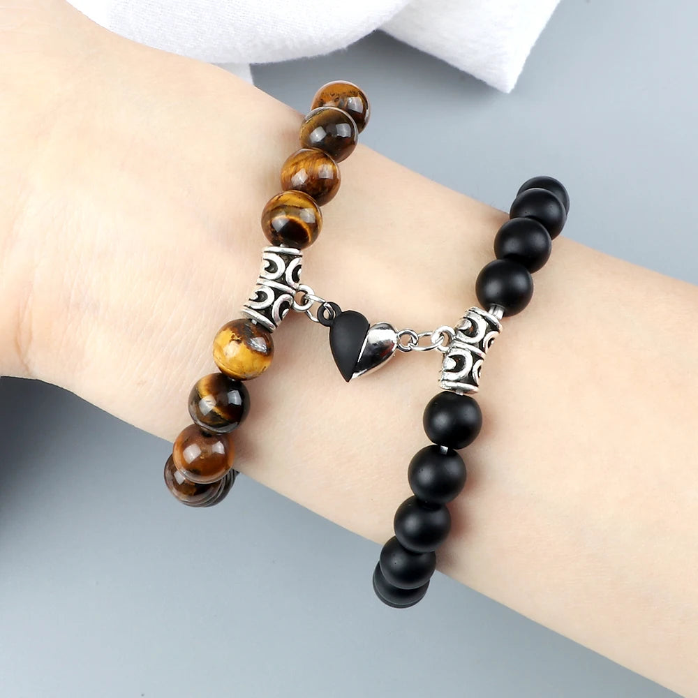 Hot Couple Yin Yang Bracelet Set Men 8mm Natural Stone Heart shape Magnet Love Braclet for Women Friendship Fashion Jewelry Gift