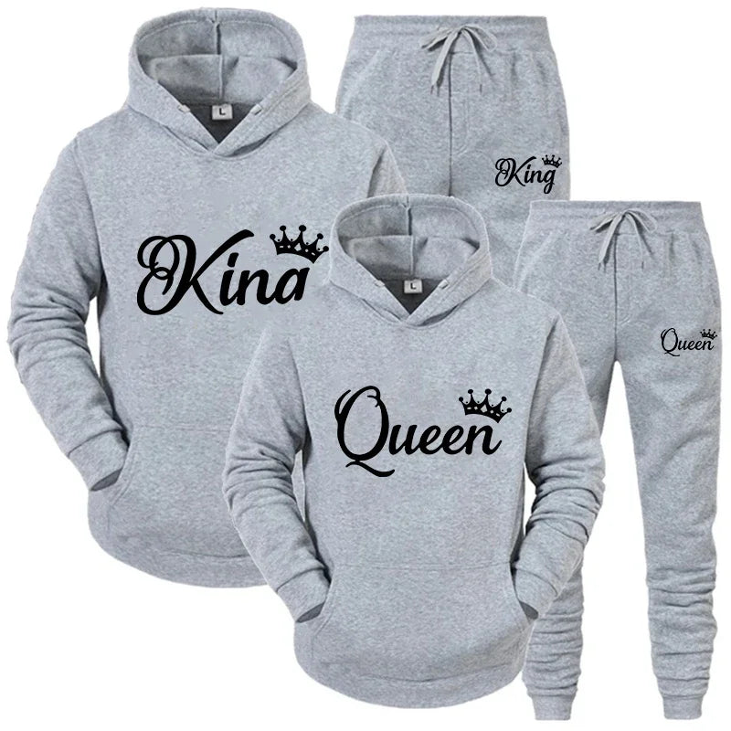 Fashion KING and QUEEN Printed Hooded Suits Autumn Winter Couple Hoodie + Pants 2-piece Suit