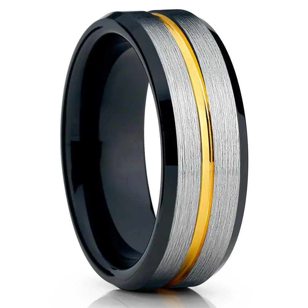 Fashion 8mm Black Tungsten Wedding Ring For Men Thin Blue Line Groove Black Brushed Ladder Edge Ring Men's Wedding Band Jewelry