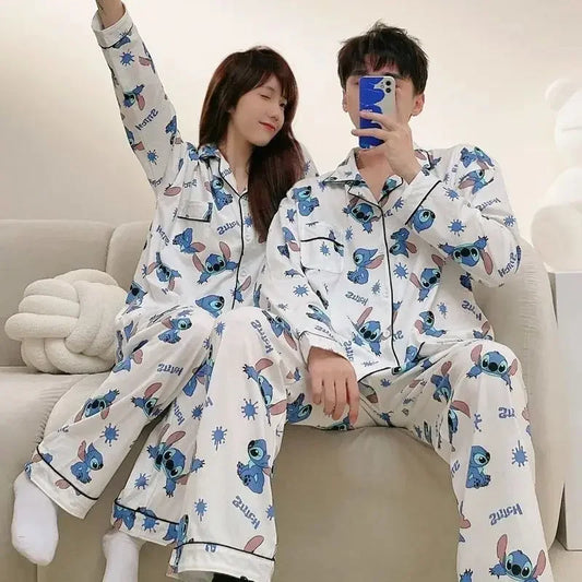Disney Lilo & Stitch Pajama Pantsins Japanese Style Long Sleeve Trousers Spring and Autumn Cute Cartoon Couple Home Wear Set