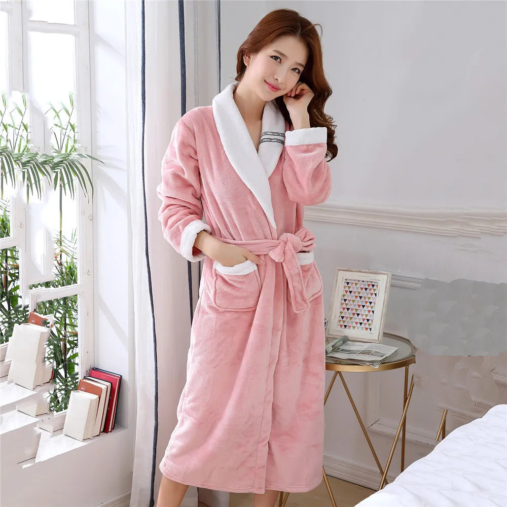 Winter Thick Couple Robe Coral Fleece Sleepwear Plush Warm Flannel Kimono Bathrobe Gown with Pocket Men Homewear Lounge Wear