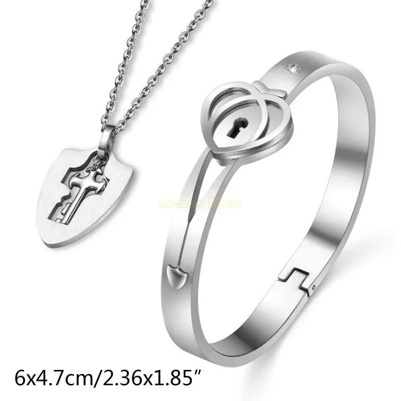 31BF Romantic Gift for Valentines Day Lock Bracelet and for Key Necklace Set for Coup