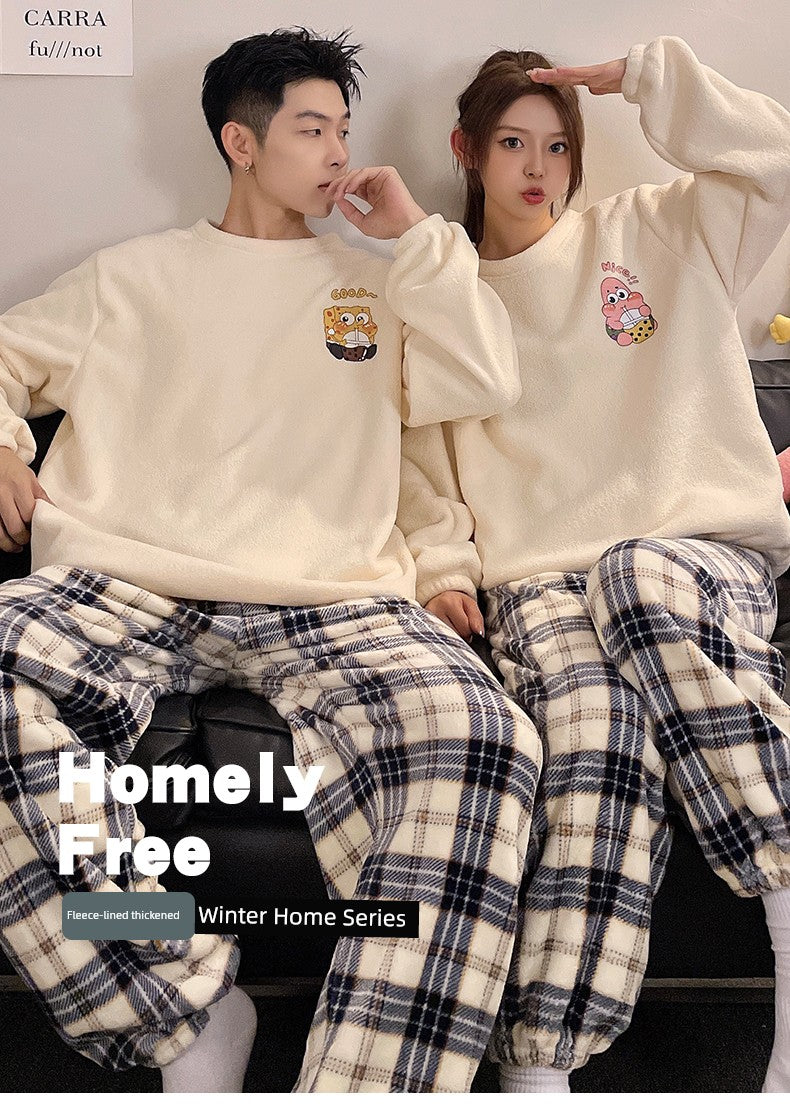 Couple Pajamas Women's Coral Fleece Winter Thickened Fleece-lined Autumn and Winter Day Flannel Plus Size Men's Home Wear Suit