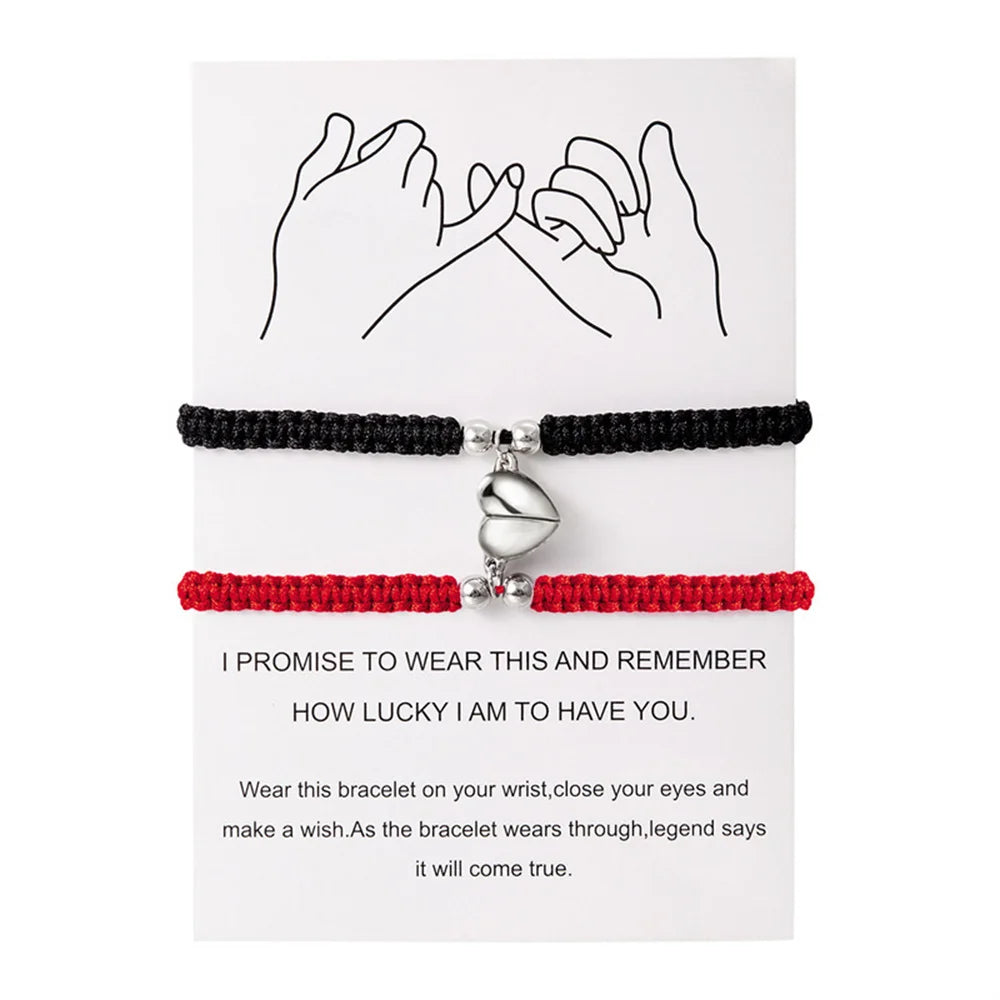 2pcs Hand-Woven Couple Bracelet Magnetic Heart Shape Braid Rope Bracelet Men'S and Women'S Gift for Anniversary Wrist Chain