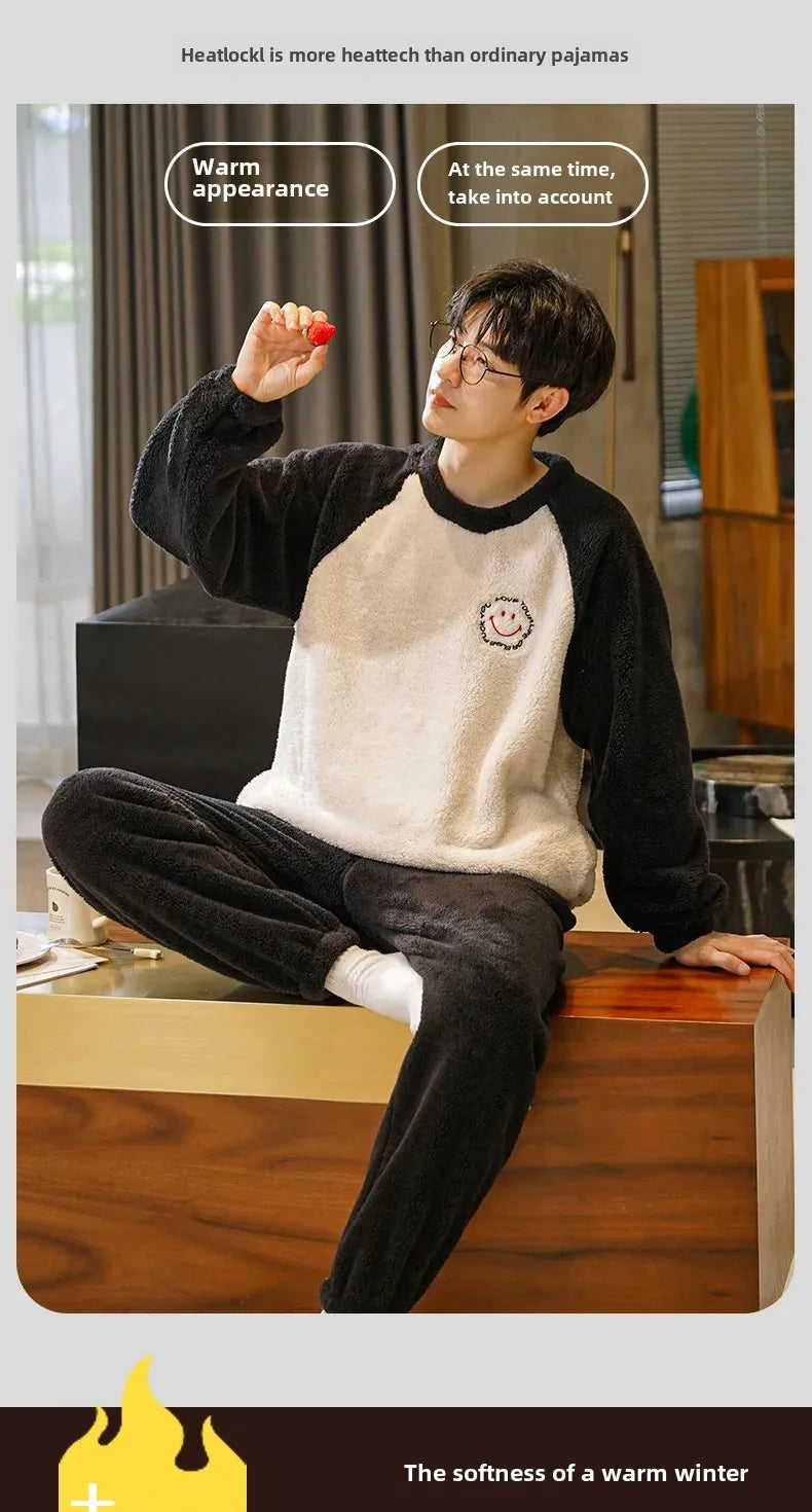Couple's Flannel Pajamas Round Neck Long Sleeve Korean Style Homewear Pullover Thickened Autumn Winter Warm Round Neck Pajamas