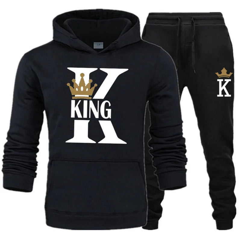 2025 New Autumn and Winter Men's and Women's Sweater Set KING QUEEN Loose Relaxed Hooded Print Couple Set