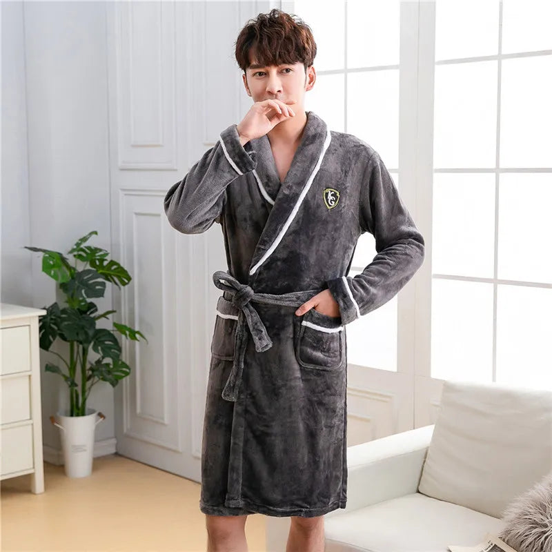Winter Thick Couple Robe Coral Fleece Sleepwear Plush Warm Flannel Kimono Bathrobe Gown with Pocket Men Homewear Lounge Wear
