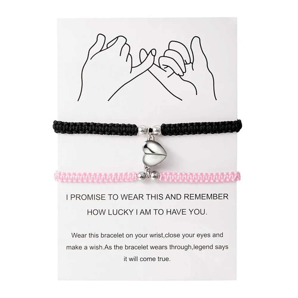 2pcs Hand-Woven Couple Bracelet Magnetic Heart Shape Braid Rope Bracelet Men'S and Women'S Gift for Anniversary Wrist Chain
