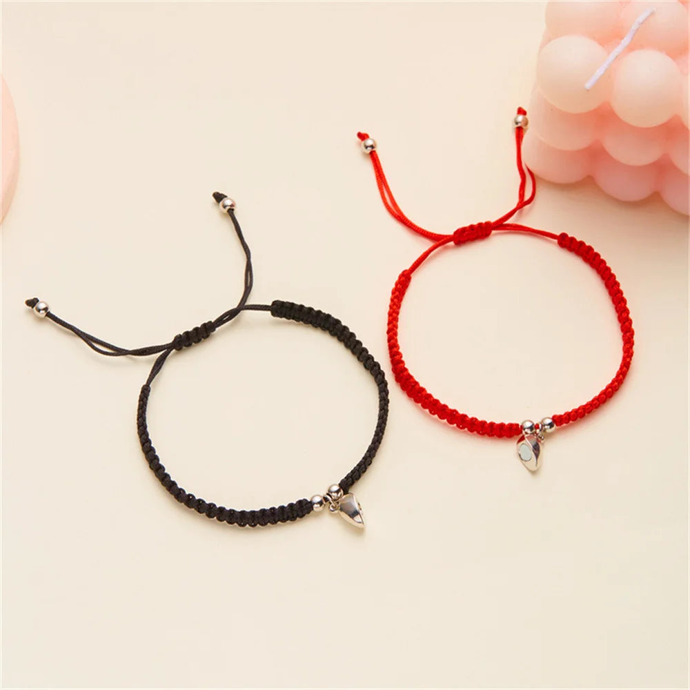 2pcs Hand-Woven Couple Bracelet Magnetic Heart Shape Braid Rope Bracelet Men'S and Women'S Gift for Anniversary Wrist Chain