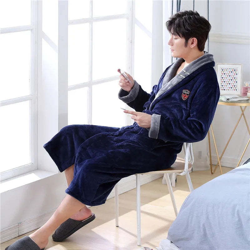 Winter Thick Couple Robe Coral Fleece Sleepwear Plush Warm Flannel Kimono Bathrobe Gown with Pocket Men Homewear Lounge Wear