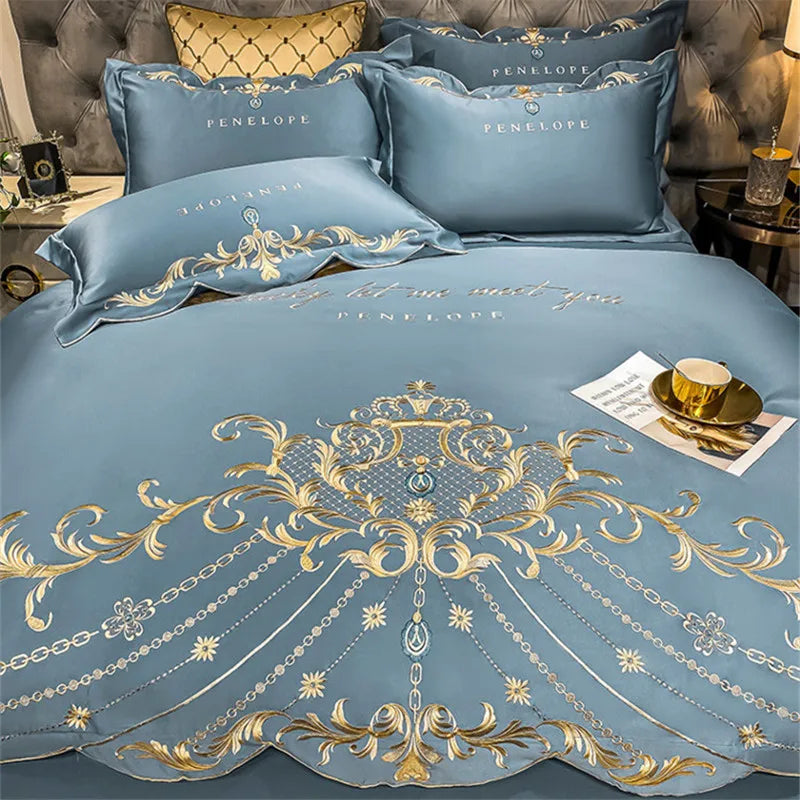 Luxury Embroidery Bedding Set Satin Double Duvet Cover Pillowcase Bed Linens Home Textile Bed Quilt Cover Wedding Bedding Set 이불