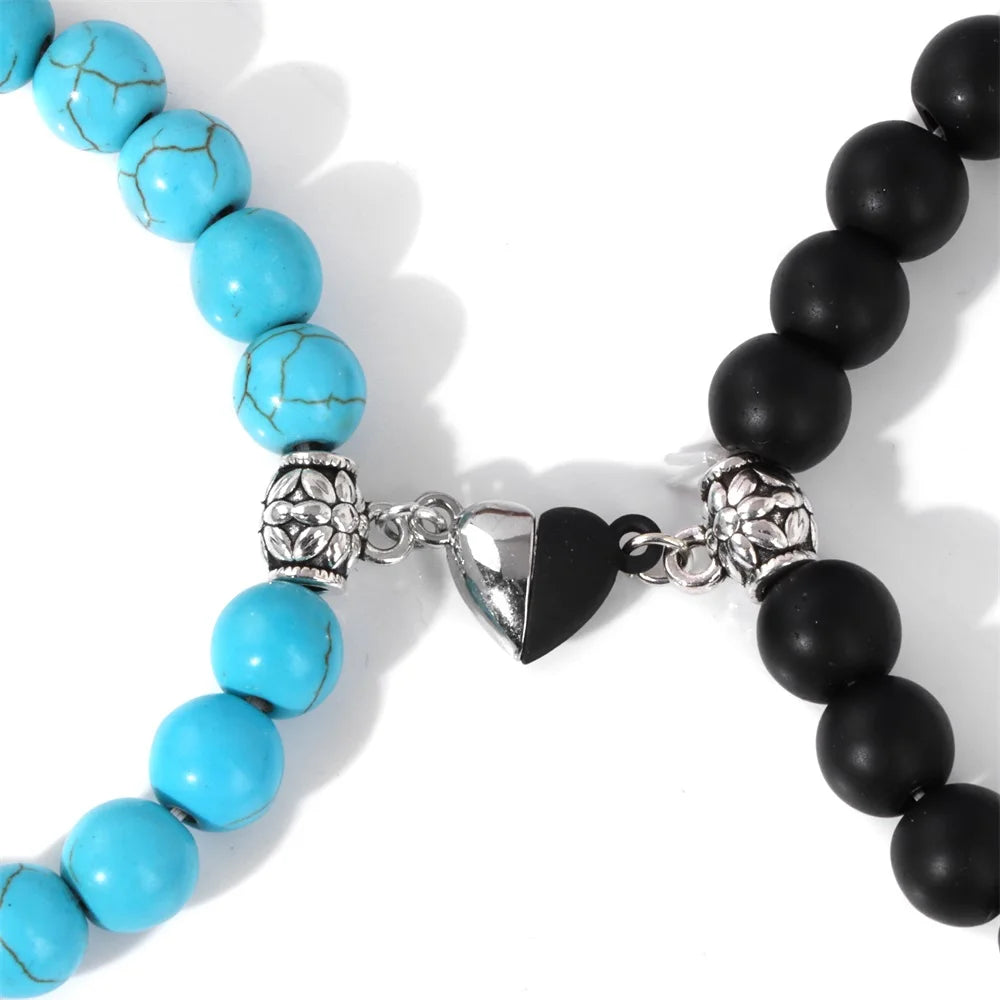 Magnet Couple Bracelet For Lovers Best Friends Friendships Natural Turquois Lava Gem Stone Bead Stretch Bangle Jewelry Gift