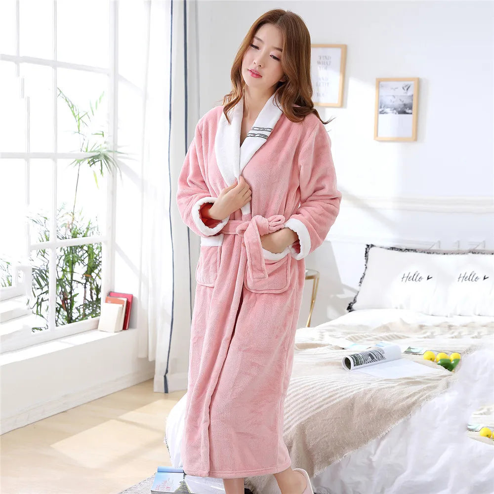 Winter Thick Couple Robe Coral Fleece Sleepwear Plush Warm Flannel Kimono Bathrobe Gown with Pocket Men Homewear Lounge Wear